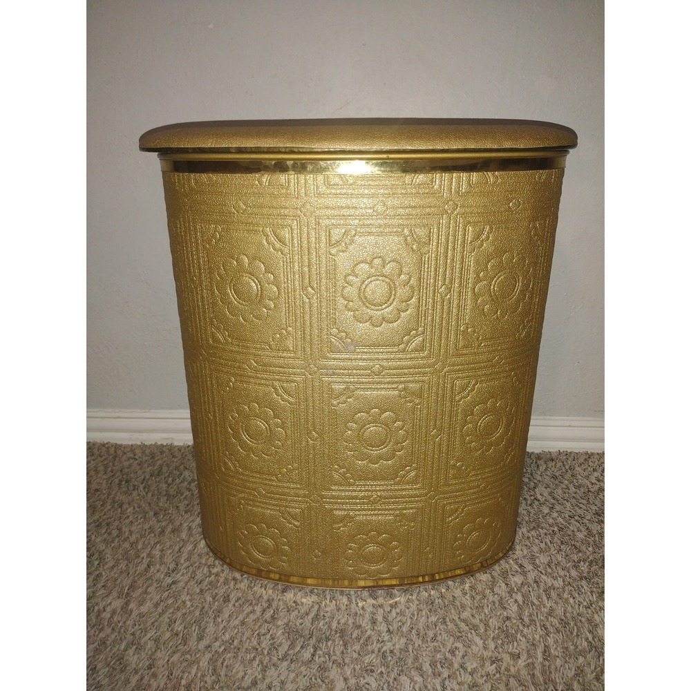 Pearl Wick Wicker Laundry Hamper Gold Paisley MCM 50s Hollywood Regency Vintage